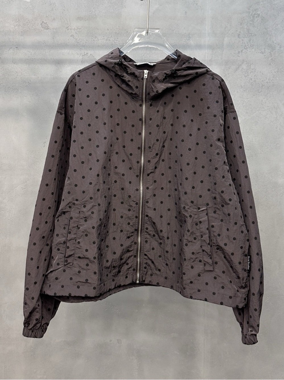 Acne Hooded Polka Dot Bomber Jacket - Charcoal with Black Dots